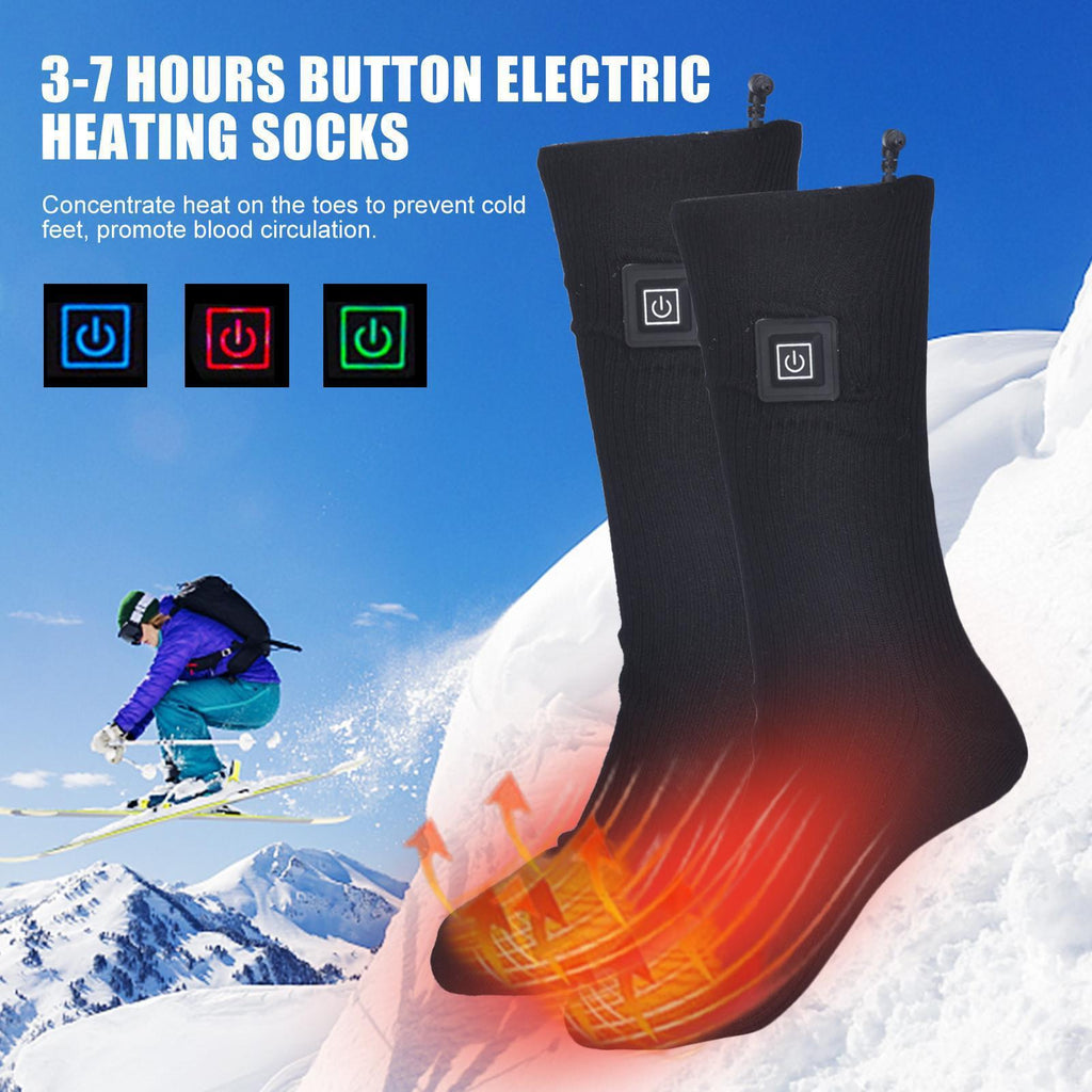 Heated socks warming toes and feet on a ski slope, three heat settings