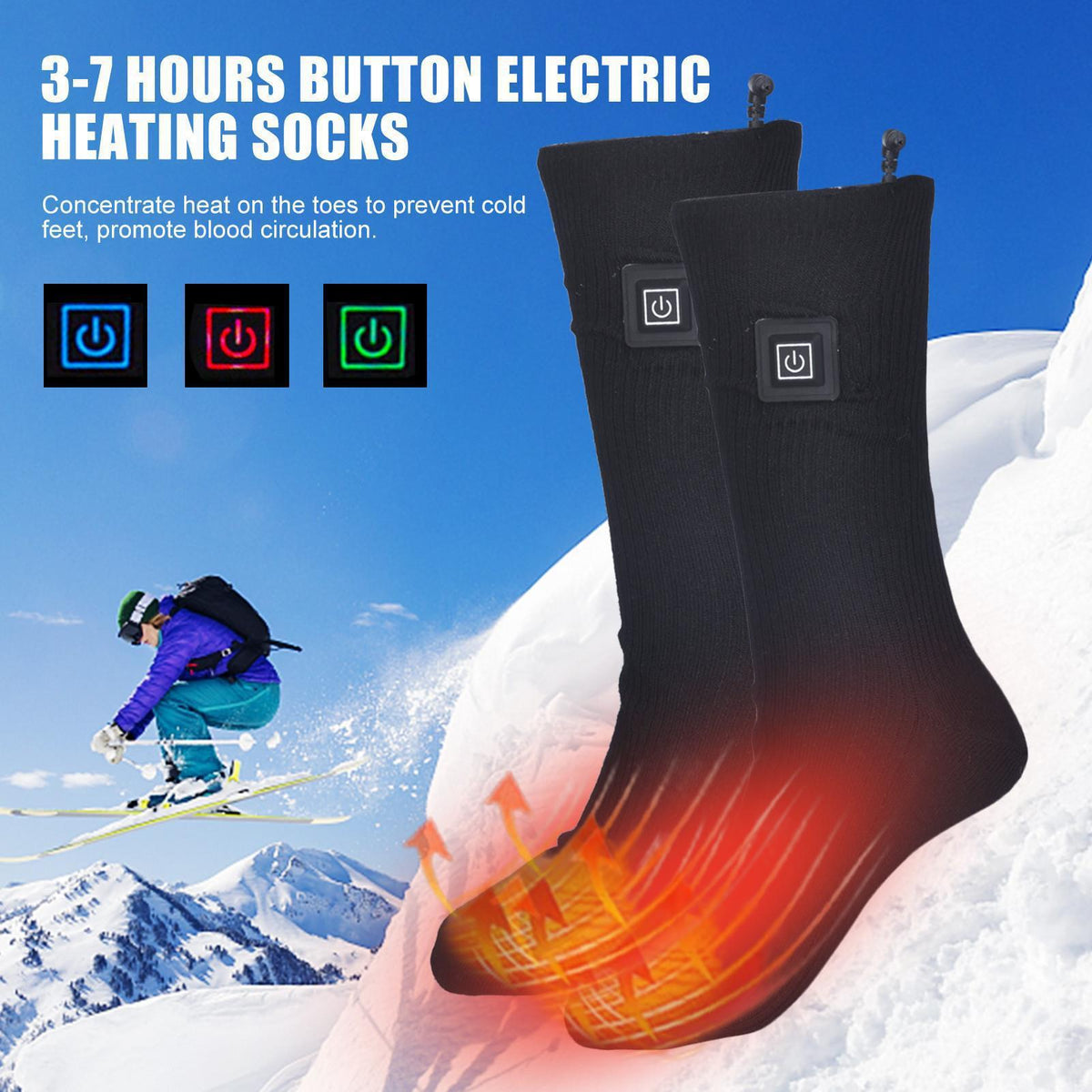 Heated socks warming toes and feet on a ski slope, three heat settings