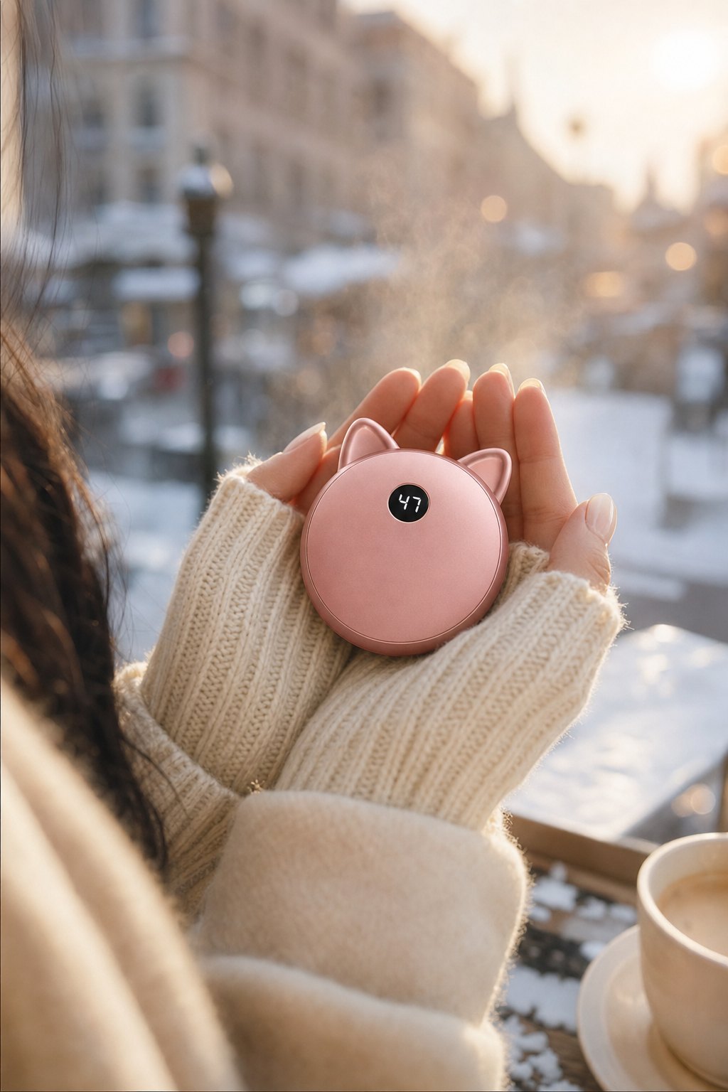 Holding a pink cat-ear HeatKeep hand warmer on a snowy street