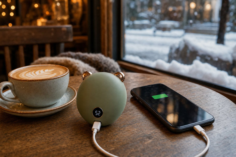 HeatKeep hand warmer charging a phone