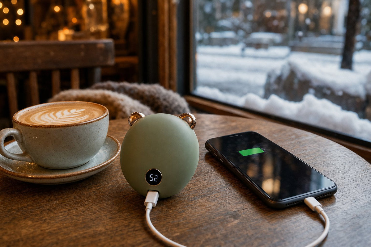 HeatKeep hand warmer charging a phone